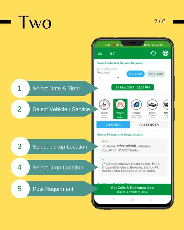 Image to Show Steps to Post Booking on G7 to hire packer and Movers, transporters, and Truck for Home Shifting