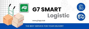 hand trolly, trcuk, and G7 logo in rectangle shape, white background with blue shading, ad of G7 smart Logistics for Boxed Packaged Goods