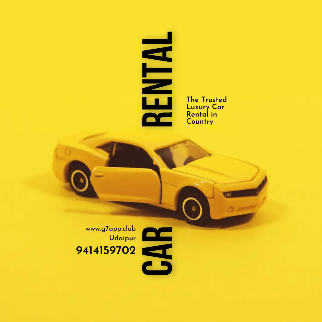 Yellow background, yellow car, black font ad, Best Taxi Service in Udaipur
