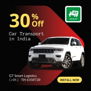 Square image with black and red background offering 30% off on car transport under the Truck Load Capacity