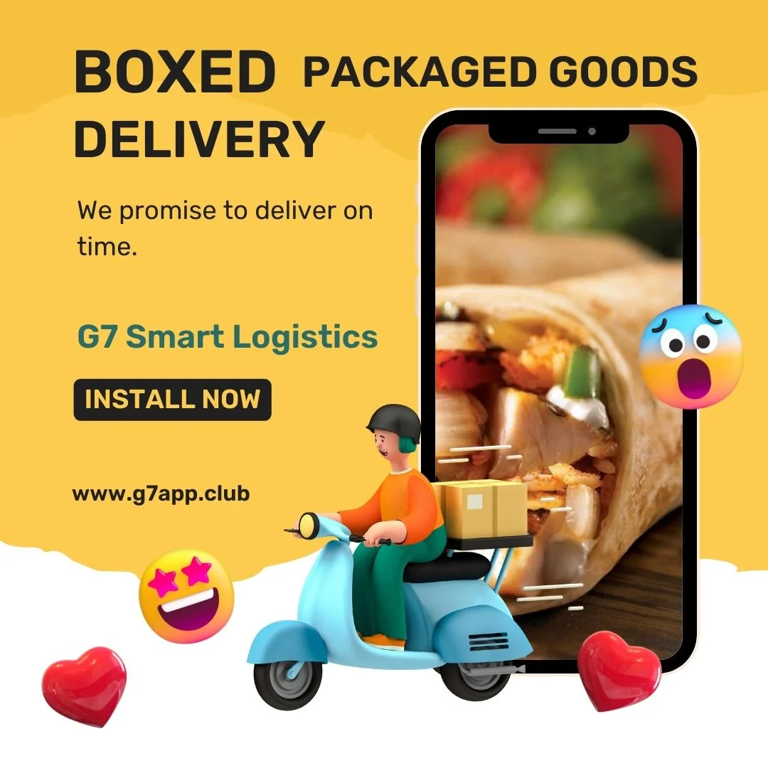 Square image of mobile phone and Men with scotor, for boxed packaged goods delivery through G7 Packers-Movers-App