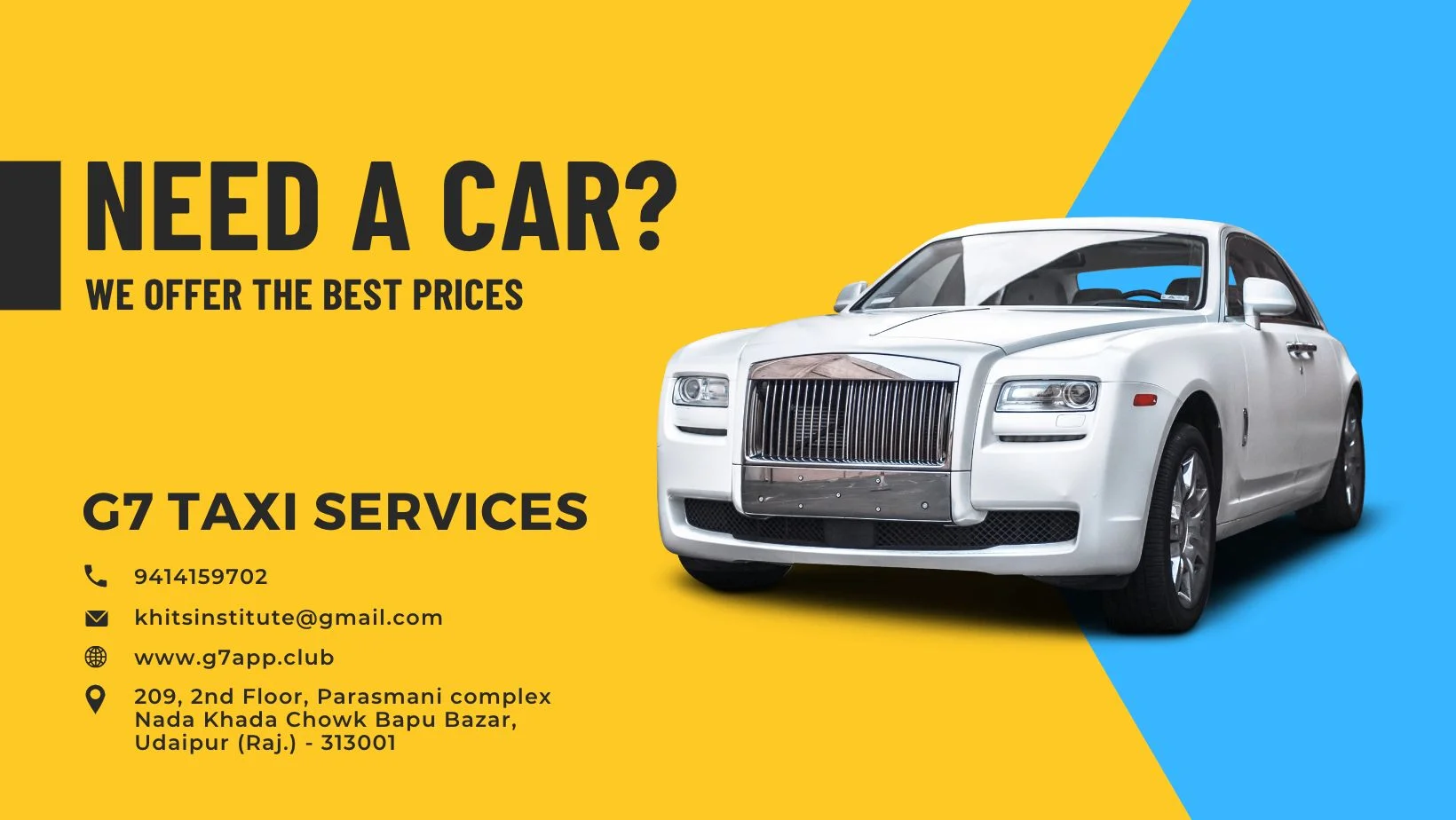 White rolas royal car, with yellow and blue background, Types of Taxi Services in Udaipur