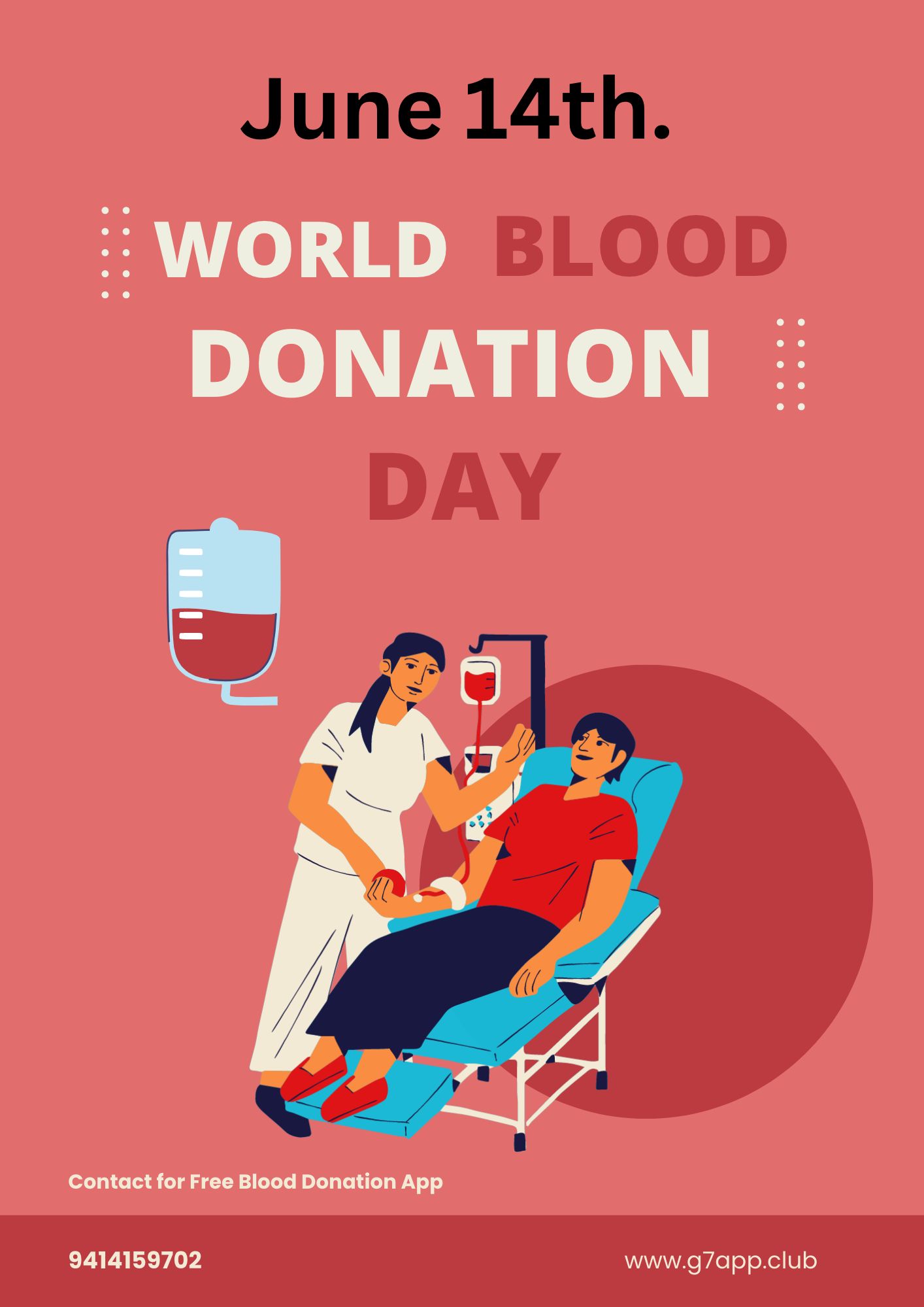 red rectangle Shape image, a man donating blood, written june 14, world blood donation day