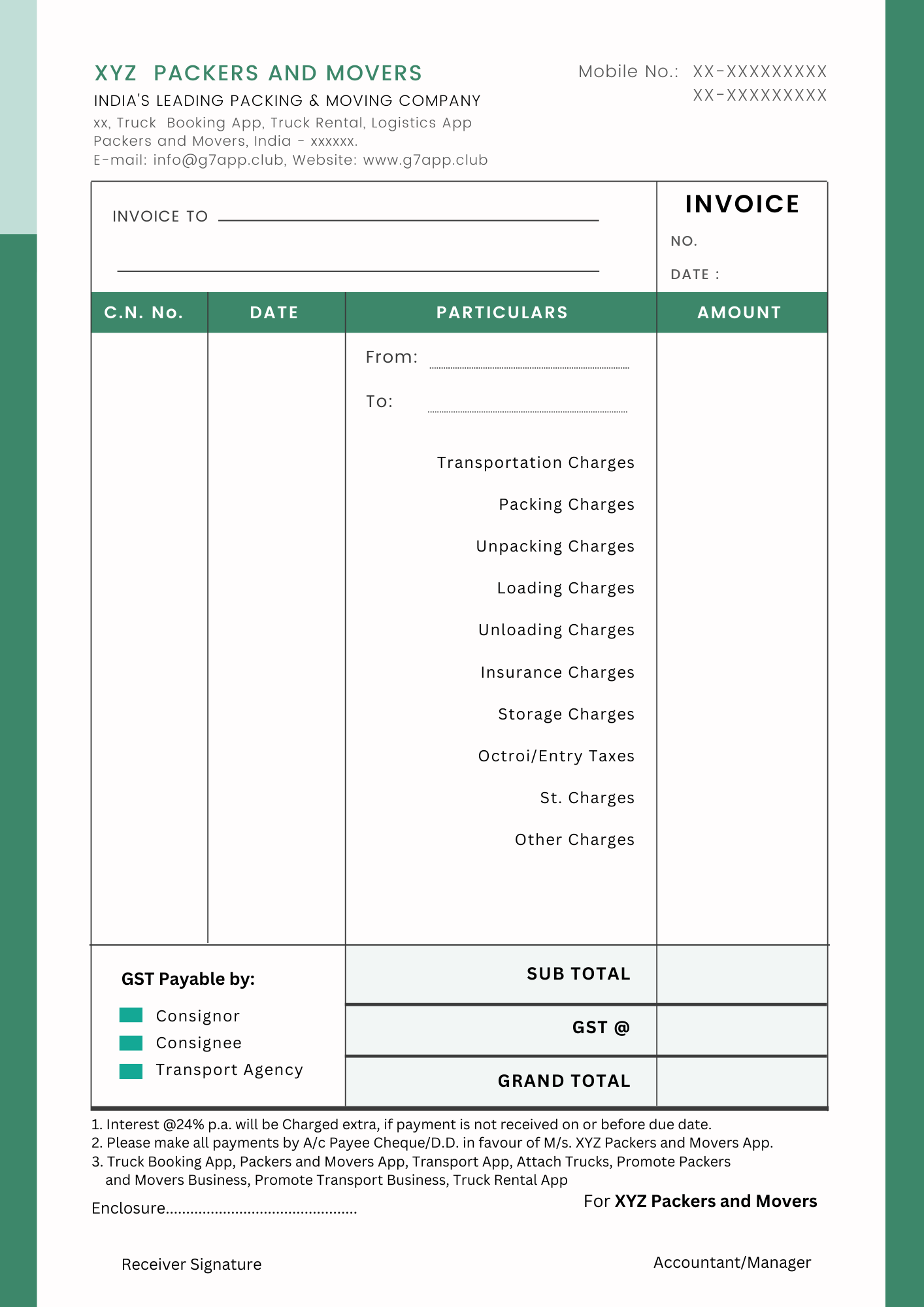 'png Format of Packers and Movers Invoice and Bill'